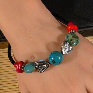 Gemstone Bracelet Turquoise Coral Black Velvet and Silver Tone Beads Style E